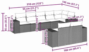 8 pcs conj. sofás jardim c/ almofadões vime PE cinzento-claro