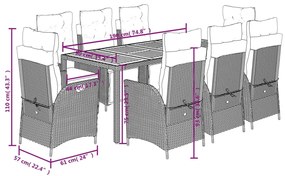9 pcs conjunto de jantar p/ jardim c/ almofadões vime PE preto
