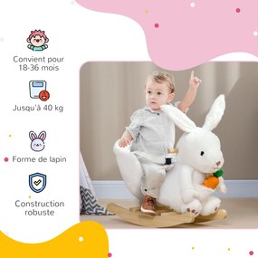 Brinquedo de baloiço em forma de coelho, com função musical, sela de grande conforto, pelúcia curta e macia, madeira de choupo, 18-36 meses, branco