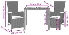 3 pcs conjunto de jantar p/ jardim c/ almofadões vime PE preto