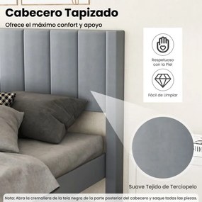 Estrutura de cama 211 x 155 x 105 cm com cabeceira estofada (COLCHÃO NÃO INCLUIDO) e estrado de ripas de madeira Cinza