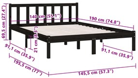 Estrutura de cama 140x190 cm pinho maciço preto
