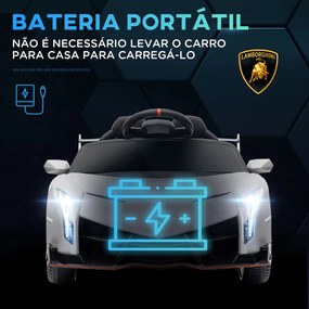 Carro Elétrico Lamborghini 12V Velocidade Máxima 7 km/h com Controlo Remoto MP3 Luzes e Cinto de Segurança 111x61x45 cm Branco