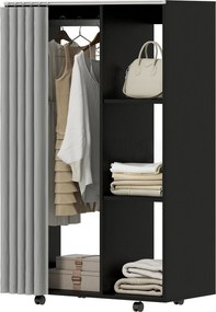 Armário guarda-roupa móvel com 4 rodas, varão para roupa e prateleiras abertas, 80 x 40 x 128 cm, preto
