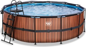 Piscina redonda Wood ø427x122cm com bomba de filtro de areia, cobertura e bomba de calor - Castanha