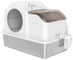 PawHut Caixa de Areia para Gatos Fechada com Bandeja de Aço Inoxidável Tampa Removível Bordos Altos e Pá 60,5x40,5x42 cm Branco