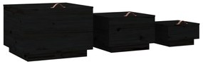 Caixas de arrumação com tampas 3 pcs pinho maciço preto