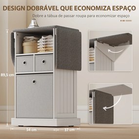 Móvel para Engomar Roupa com Rodas Tábua de Engomar Dobrável com 3 Gavetas Compartimento Aberto 121x37x89,5 cm Branco
