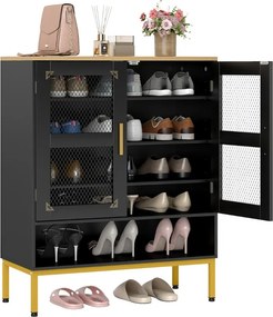 Sapateira com 5 níveis 70 x 35 x 93 cm e portas de malha Organizador moderno para sapatos em madeira com prateleiras ajustáveis e pés pretos