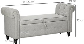 Banco com baú 2 em 1 em tecido com aspeto de linho e pés de madeira 146,5 x 49 x 72 cm cinzento