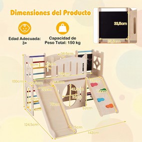 Torre de Jogos Infantil em Madeira, 142 x 124,5 x 100 cm, Design 8 em 1, Multicolor