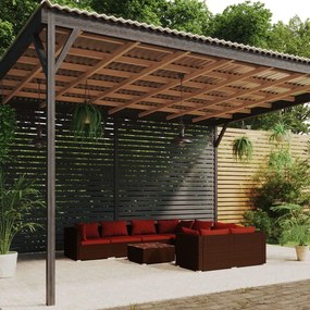 vidaXL 9 pcs conjunto lounge de jardim c/ almofadões vime PE castanho