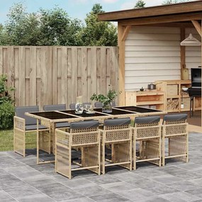 vidaXL 9 pcs conj. jantar jardim c/ almofadões vime PE bege misturado