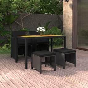 vidaXL 5 pcs conjunto de jantar p/ jardim c/ almofadões vime PE preto