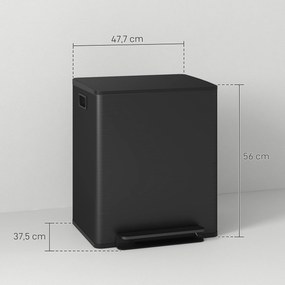 Caixote do lixo de cozinha com 2 compartimentos de 2 x 25 L, aço inoxidável, tampa com fecho suave, 47,7 x 37,5 x 56 cm, preto