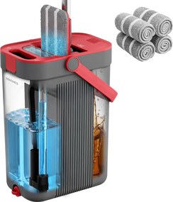Conjunto de esfregona, 4 capas, com balde e separador cinzento-vermelho