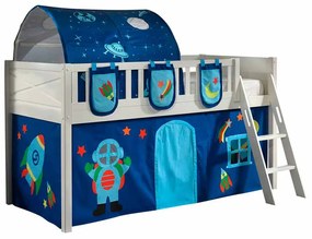 Conjunto cama alta Infantil SCOTT + cortina de brincar ASTRO + Túnel + 3 bolsos de arrumação Branca