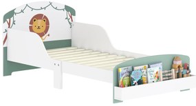 AIYAPLAY Cama Infantil 70x140 cm em Madeira com Armazenamento Proteção Antiqueda e Cabeceira com Desenho de Leã, Suporta 40 kg para Quarto Verde