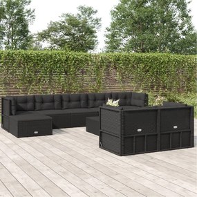 vidaXL 9 pcs conjunto lounge de jardim c/ almofadões vime PE preto