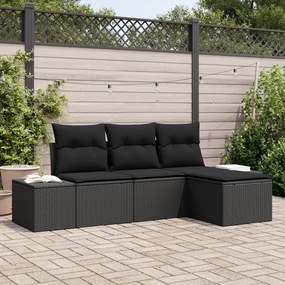 Conjunto de Sofá de Jardim 4 Peças com Almofadas Rattan Preto