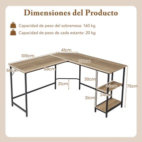 Secretária em forma de L de canto de 138 cm com estrutura em aço carbono Estante de 2 níveis e prateleira extraível Natural