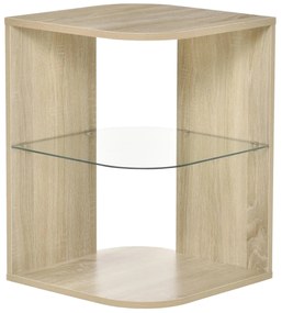 HOMCOM Mesa Auxiliar Moderna Cabeceira 3 Prateleiras Vidro Sala Estar Dormitório Design Elegante Funcional 40x40x56cm Madeira Natural