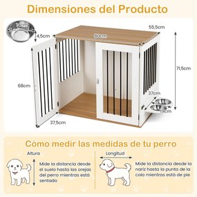 Gaiola para cães 80 x 55,5 x 71,5 cm com mesa auxiliar e comedouro giratório a 360°, portas com fechadura dupla e tigelas para animais de estimação de