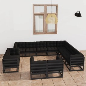12 pcs conjunto lounge jardim c/ almofadões pinho maciço preto
