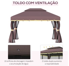 Pérgola de Jardim 3,9x2,9m de Alumínio com Teto de Ventilação 4 Cortinas Laterais Tela Mosquiteira e 8 Orifícios de Drenagem para Exterior Pátio Festa
