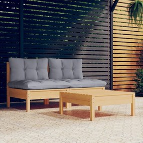 3 pcs conjunto lounge de jardim c/ almofadões cinzentos pinho