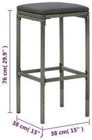 5 pcs conjunto de bar p/ jardim c/ almofadões vime PE cinzento