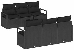 Conjunto de sofá de jardim de 7 peças com almofadas em rattan preto