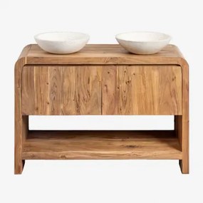 Conjunto De Móvel De Casa De Banho Em Madeira Vacry Castanho Acácia & 2 X Cimento Branco Redondo Ø40 Cm Zavion & Sem Espelho & Sem Torneira & ↔ -