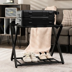 2 x Suporte de bagagem dobrável Suporte de bagagem de metal até 60 kg com 4 correias estáveis e design de 2 andares para casa e hotel Preto