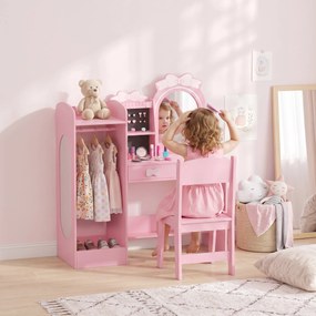 Toucador Infantil com Banco, 92 x 36 x 103,3 cm, Design 3 em 1, Cor-de-rosa