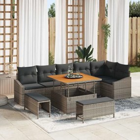 Conjunto de Sofá para Jardim vidaXL 9 Peças com Almofadas Cinza Poliratã Acácia