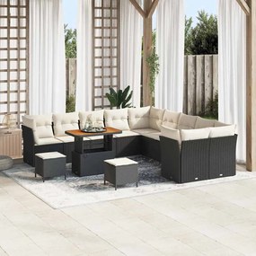 Conjunto de Sofá de Jardim vidaXL com Almofadas Preto Vime Sintético Acácia
