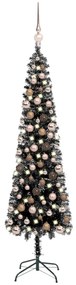 Árvore de Natal fina com luzes LED e bolas 210 cm preta