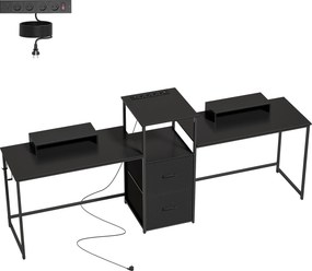 Mesa Gaming Dupla de 244 cm com Estação de Carga Portos USB Suportes para Monitor Gavetas de Tecido Preto