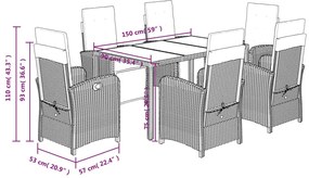 7 pcs conjunto de jantar p/ jardim c/ almofadões vime PE preto