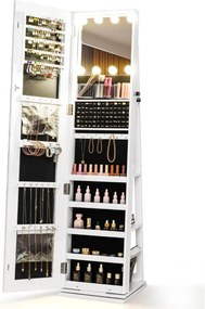 Armário giratório para joias 360°com espelho de corpo inteiro 43 x 38 x 160 cm iluminado e prateleiras traseiras 3 caixas Branco