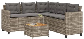 vidaXL Sofá de jardim forma de L c/ mesa e almofadões vime PE cinzento