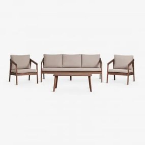 Conjunto De Jardim Com Sofá, 2 Poltronas E Mesa De Centro Em Madeira De Acácia Kaela Castanho-acácia Escuro & 3 Lugares & Tecido Castanho Avelã -