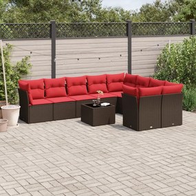 vidaXL 10 pcs conj. sofás jardim com almofadões vime PE castanho