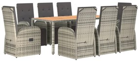 9 pcs conjunto de jantar p/ jardim c/ almofadões vime PE cinza