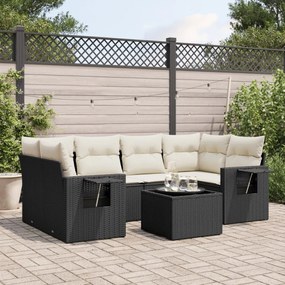 7 pcs conjunto de sofás p/ jardim c/ almofadões vime PE preto