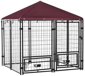 PawHut Parque para Cães com 8 Painéis 2 Suportes Giratórios para Comida 2 Tigelas e Toldo Impermeável 141x141x153 cm Preto e Vermelho