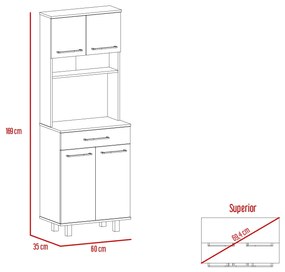 Armário cozinha Della com gaveta, 2 armários e bancada para micro-ondas, 169 x 60 x 35 cm branco