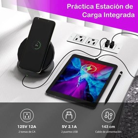 Secretaria computador em forma de L com tomadas eléctricas e Portas USB Gancho para auscultadores Estante para arrumação Branca