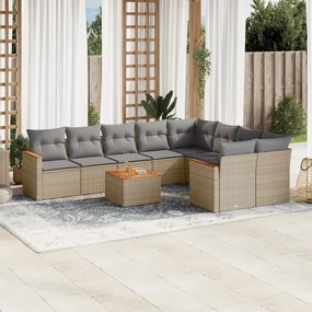 10 pcs conj. sofás jardim c/ almofadões vime PE bege misturado